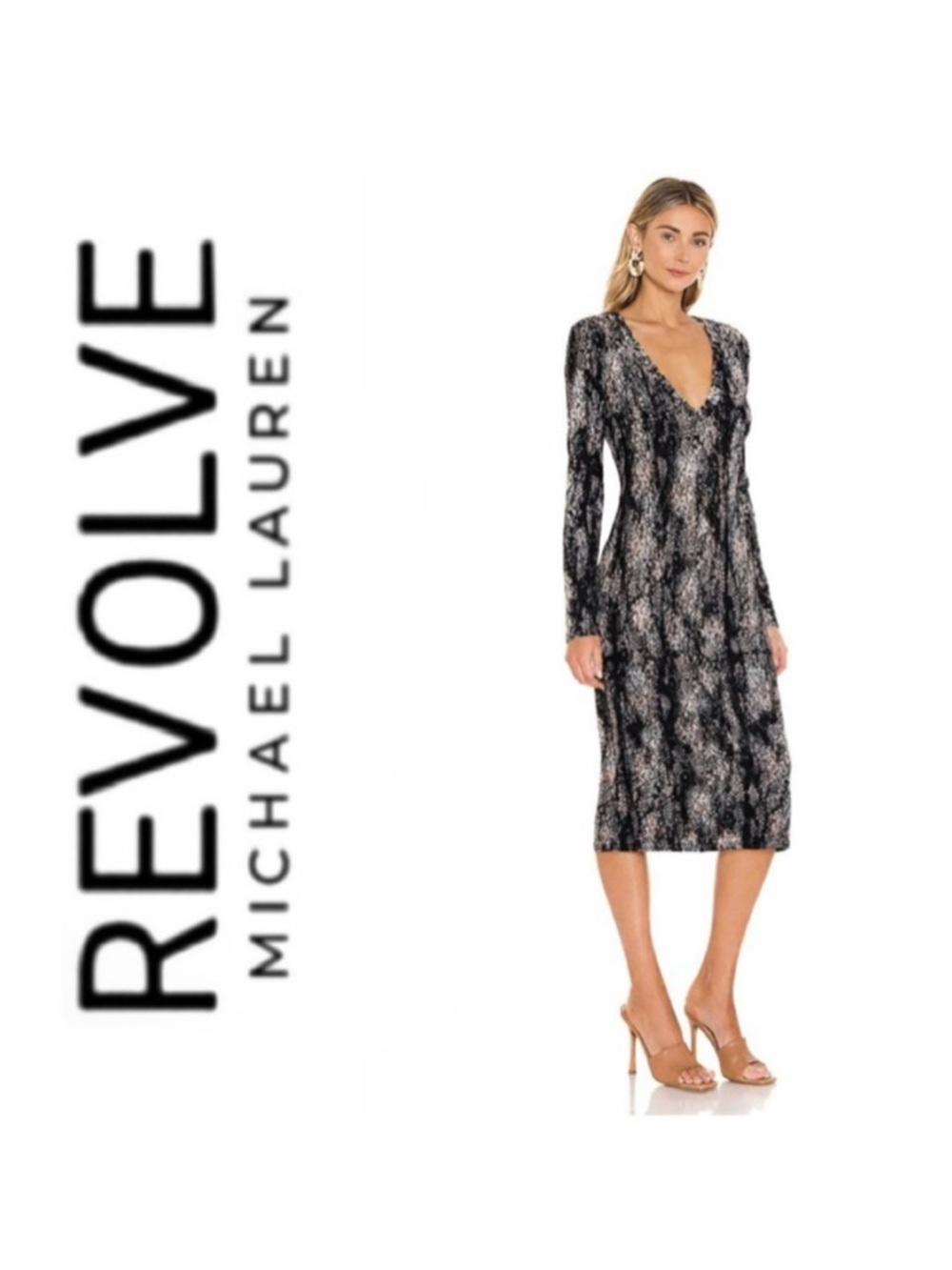 NWT Revolve x Michael Lauren Black Snake Print Rivera V-Neck Midi Jersey Dress